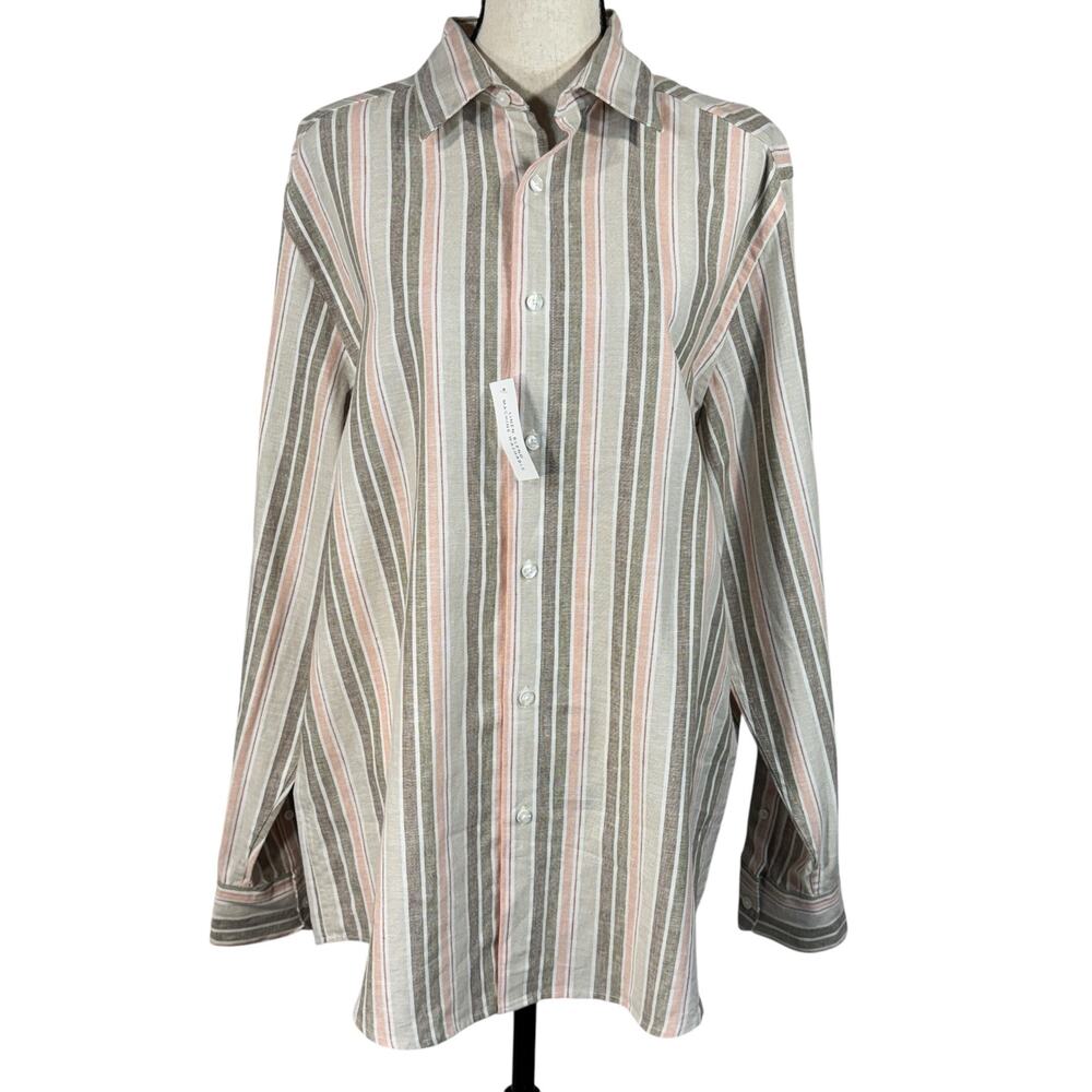 Concepts by Claiborne Large Top Button-Up Striped Linen Blend Long Sleeve Multi